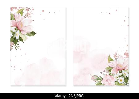 Ensemble de modèle de carte avec aquarelle roses colorées bouquet sur taches, invitation de mariage. Vector décoratif Saint-Valentin, carte de voeux, invitation de Illustration de Vecteur