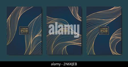 Vector japanese laisse des motifs art déco. Modèle à éléments ondulés et dorés dans un style vintage. Couvertures, prospectus, brochures et emballages de luxe de la gamme noire Illustration de Vecteur