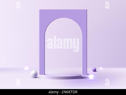 3D réaliste salle de studio vide barillet violet podium support et porte décor toile de fond avec sphère blanche, violette et boules de lumière sur le mur minimal sce Illustration de Vecteur