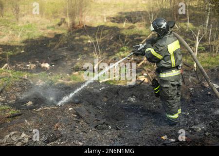 De l'eau sort du tuyau. Le pompier tient la fontaine. Éteindre le feu. Service de secours en forêt. Banque D'Images