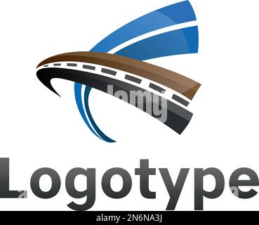 Transport par logotype, route de couleur bleue. Entretien des routes. Logo réparation sur route. Illustration de Vecteur