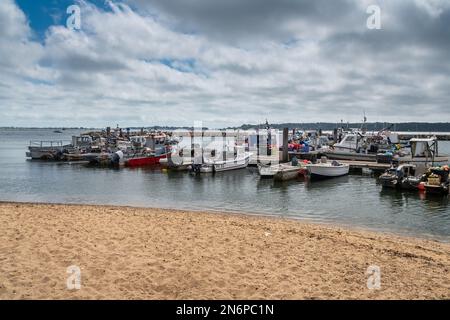 Une variété de bateaux de pêche de différentes tailles amarrés à des pontons flottants dans Poole Quay avec de l'eau calme, sable premier plan, et de petites parcelles de bleu i Banque D'Images