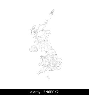 Royaume-Uni de Grande-Bretagne et d'Irlande du Nord carte politique des divisions administratives - comtés, autorités unitaires et Grand Londres en Angleterre, districts d'Irlande du Nord, régions du conseil de l'Écosse et comtés, arrondissements de comté et villes du pays de Galles. Carte de style de caniche dessinée à la main avec bordures noires et étiquettes de nom. Illustration de Vecteur