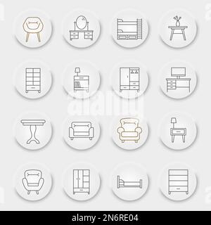 Ensemble d'icônes de ligne de meubles, collection de pièces d'origine, graphiques vectoriels, boutons d'interface utilisateur UX neuporphorique, icônes de vecteur de mobilier, panneaux intérieurs, pictogrammes de contour, contour modifiable Illustration de Vecteur