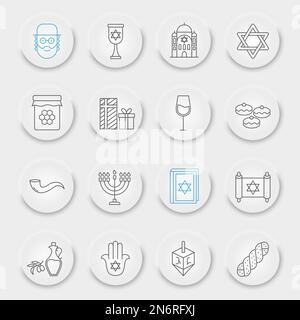 Jeu d'icônes de la ligne Rosh Hashanah, collection hanukkah, graphiques vectoriels, boutons UI UX neumorphiques, icônes vectorielles Rosh Hashanah, signes juifs, pictogrammes de contour, contour modifiable Illustration de Vecteur