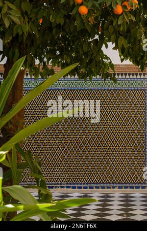 Les magnifiques mosaïques de Marrakech, au Maroc, créent un kaléidoscope de couleurs et de motifs, captivant l'œil et vous transportant vers un autre monde. Banque D'Images