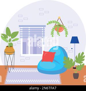 Canapé confortable, lampe de sol et concept de maison, design d'icône de chaise brillant et confortable, symbole de bureau vert, panneau d'espace de travail écologique Illustration de Vecteur