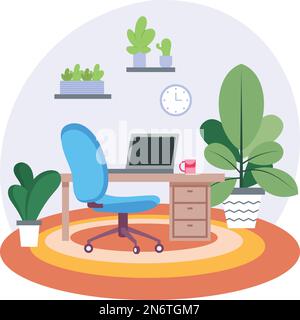 Concept « travail à domicile », design d'icône de couleur vecteur spatial virtuel inspiré de Biomimicry, symbole « Bureau vert », panneau « espace de travail écologique », intérieur moderne Illustration de Vecteur