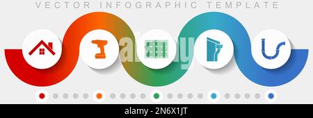 Modèle de vecteur d'infographie de service à domicile avec jeu d'icônes, icônes diverses telles que maison, forage, énergie solaire, toit et gouttière et tuyau pour la conception de sites Web Illustration de Vecteur