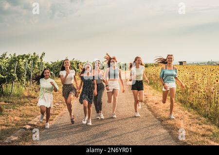 Les adolescentes traversent le vignoble, l'espace de copie Banque D'Images