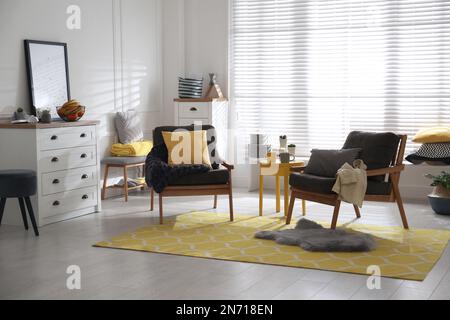 Fauteuils avec oreillers et carreaux dans le salon. Design intérieur Banque D'Images