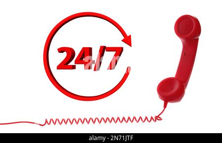 service d'assistance téléphonique 24h/24/7, 7j Combiné rouge sur fond blanc, bannière Banque D'Images