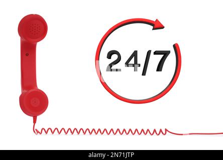 service d'assistance téléphonique 24h/24/7, 7j Combiné rouge sur fond blanc Banque D'Images