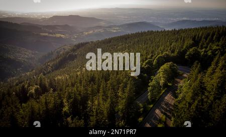 Cycliste sur la route Schauinsland entre Fribourg-Günterstal et le sommet Schauinsland. Descente en direction de Fribourg, vue aérienne sur Horben, Schönberg et plaine du Rhin Banque D'Images