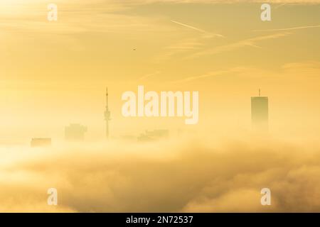 Vienne, Vienne dans la brume matinale, brouillard au sol, après le lever du soleil, les gratte-ciels s'ensuivent du brouillard au sol, Donauturm (Tour du Danube), DC Tower 1, vue de Leopoldsberg en 00. Vue d'ensemble, Vienne, Autriche Banque D'Images