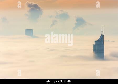 Vienne, Vienne dans la brume matinale, brouillard au sol, après le lever du soleil, les gratte-ciels sortent du brouillard au sol, Marina Tower, Millennium Tower, vue de Leopoldsberg en 00. Vue d'ensemble, Vienne, Autriche Banque D'Images