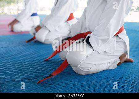 Enfants dans les kimonos assis sur le terrain d'entraînement, en gros plan Banque D'Images