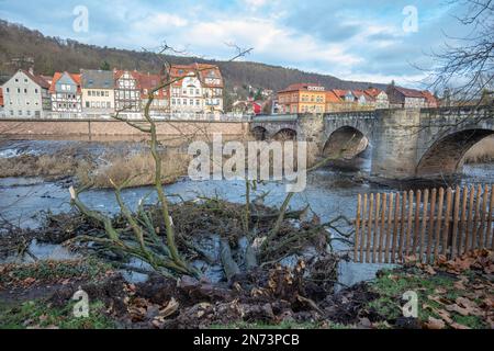 Hannoversch Münden, vieille ville, trois pieds de ville, glissement de terrain, arbre déchu, Basse-Saxe, Allemagne Banque D'Images