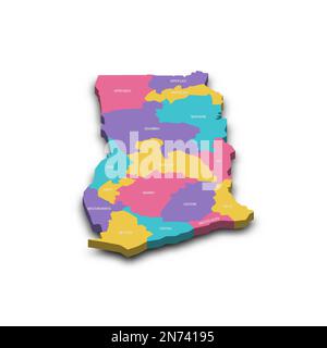 Ghana carte politique des divisions administratives - régions. Carte vectorielle 3D colorée avec ombre portée et noms de pays. Illustration de Vecteur