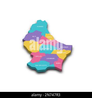 Luxembourg carte politique des divisions administratives - cantons. Carte vectorielle 3D colorée avec ombre portée et noms de pays. Illustration de Vecteur