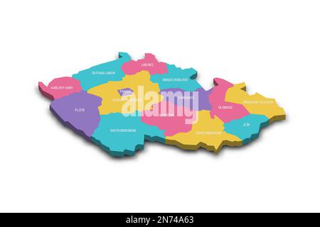 République tchèque carte politique des divisions administratives - régions. Carte vectorielle 3D colorée avec ombre portée et noms de pays. Illustration de Vecteur