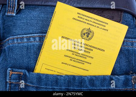 Carte de vaccination internationale dans la poche du pantalon jeans, détail, Banque D'Images