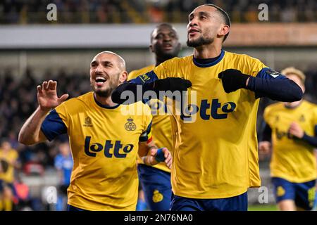 Le Loic Lapussin de l'Union célèbre après avoir marqué un match de football entre le Club Brugge KV et la Royale Union Saint-Gilloise, le vendredi 10 février 2023 à Brugge, le 25 e jour de la première division du championnat belge de la « Jupiler Pro League » 2022-2023. BELGA PHOTO LAURIE DIEFFEMBACQ Banque D'Images