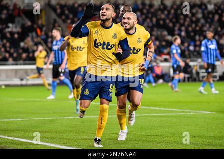 Le Loic Lapussin de l'Union célèbre après avoir marqué un match de football entre le Club Brugge KV et la Royale Union Saint-Gilloise, le vendredi 10 février 2023 à Brugge, le 25 e jour de la première division du championnat belge de la « Jupiler Pro League » 2022-2023. BELGA PHOTO LAURIE DIEFFEMBACQ Banque D'Images