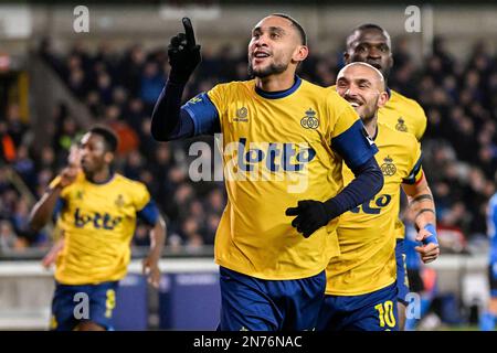 Le Loic Lapussin de l'Union célèbre après avoir marqué un match de football entre le Club Brugge KV et la Royale Union Saint-Gilloise, le vendredi 10 février 2023 à Brugge, le 25 e jour de la première division du championnat belge de la « Jupiler Pro League » 2022-2023. BELGA PHOTO LAURIE DIEFFEMBACQ Banque D'Images