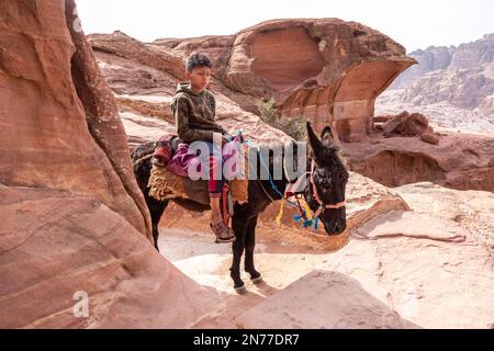 Petra, Jordanie. 10th févr. 2023. Un garçon bédouine passe un âne à Pétra, un célèbre site archéologique de Jordanie sur 10 février 2023. Petra est un site classé au patrimoine mondial de l'UNESCO et l'une des sept merveilles du monde. C'est une ancienne capitale nabatéenne, aujourd'hui habitée par les bédouins de Bidoul. (Photo par Dominika Zarzycka/Sipa USA) crédit: SIPA USA/Alay Live News Banque D'Images