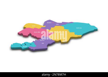 Kirghizistan carte politique des divisions administratives - régions et villes indépendantes de Bichkek et Osh. Carte vectorielle 3D colorée avec ombre portée et noms de pays. Illustration de Vecteur