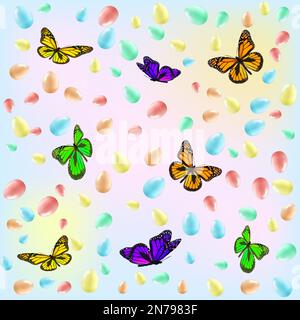 Motif de nombreux oeufs et papillons de Pâques colorés. Le concept de l'arrivée du printemps, Pâques. Image vectorielle. Illustration de Vecteur
