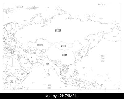 Carte politique de l'Asie. Carte illustrée en noir de style dessin animé à la main avec bathymétrie. Étiquettes manuscrites de noms de pays, de capitale, de mer et d'océan. Carte vectorielle plate simple. Illustration de Vecteur