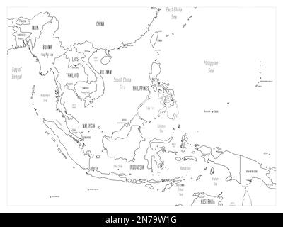 Carte politique de l'Asie du Sud-est. Carte illustrée en noir de style dessin animé à la main avec bathymétrie. Étiquettes manuscrites de noms de pays, de capitale, de mer et d'océan. Carte vectorielle plate simple. Illustration de Vecteur