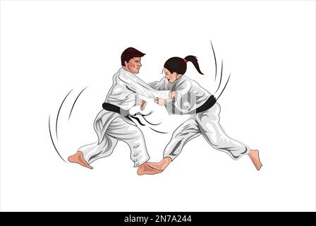Illustration vectorielle de karaté isolée sur fond blanc ensemble de poses de karaté dans le style de dessin animé pratiques de fille Kicks Kid dans le kimono noir avec ceinture rouge an Illustration de Vecteur