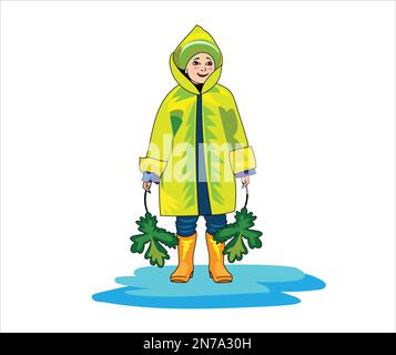 Petit garçon dans un imperméable et des bottes en caoutchouc illustration vectorielle Illustration de Vecteur