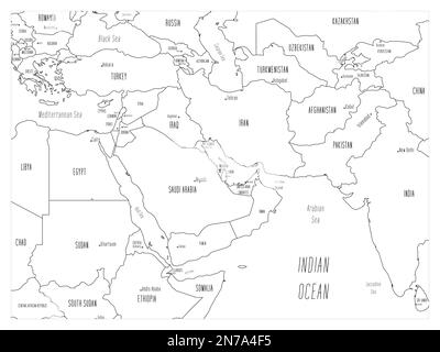 Carte politique du Moyen-Orient. Carte illustrée en noir de style dessin animé à la main avec bathymétrie. Étiquettes manuscrites de noms de pays, de capitale, de mer et d'océan. Carte vectorielle plate simple. Illustration de Vecteur