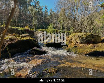 Cours d'eau près de la cascade de Fecha de Barjas (également connue sous le nom de cascade de Tahiti) dans les montagnes du parc national de Peneda-Geres, Portugal. Banque D'Images