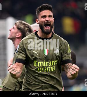 Milan, Italie. 10th févr. 2023. Olivier Giroud, de l'AC Milan, célèbre son but lors d'un match de football série A entre l'AC Milan et Turin à Milan, Italie, le 10 février 2023. Crédit: Alberto Lingria/Xinhua/Alay Live News Banque D'Images