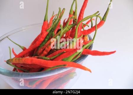 Un bouquet de piments rouges dans un bol en verre sur fond blanc Banque D'Images