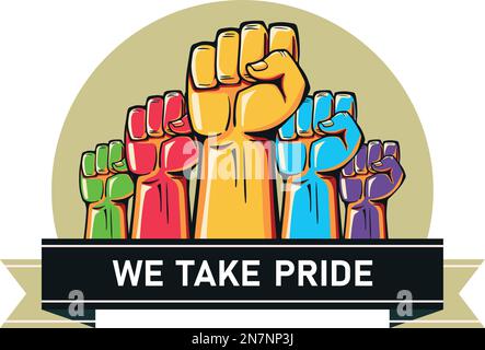 Nous prenons Pride, icône de parade. Droits LGBTQ Rainbow coloré. Lesbiennes, gays, bisexuels, transgenres, queer. Drapeau communautaire LGBTQ. Illustration de Vecteur