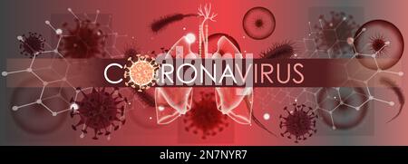 Bannière du coronavirus pour la sensibilisation et l'alerte contre la propagation des maladies épidémiques. Virus Corona avec poumons infectés et fond de vue microscopique virale. Illustration de Vecteur