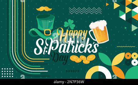 Bonne bannière de la Saint Patrick. St. Les icônes de Patrick portent un verre, un chapeau, des pièces de monnaie dorées, une moustache et une feuille. St patricks vert Irlande décor irlandais. Illustration de Vecteur