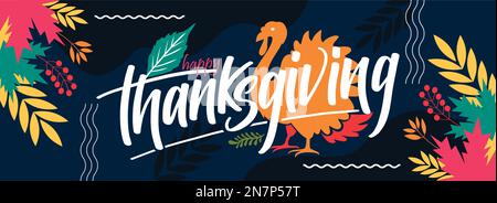 joyeux motif de banderole de thanksgiving avec typographie, oiseau de dinde et feuilles abstraites de fond. Dîner sur le thème sombre du festival américain de Thanksgiving Illustration de Vecteur
