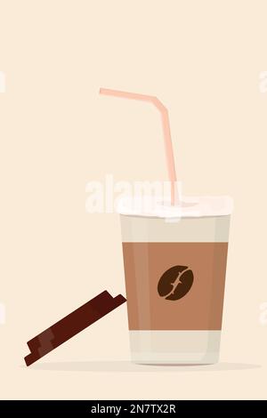 un cappuccino au café latte dans une tasse en papier avec une paille et une mousse de lait Illustration de Vecteur