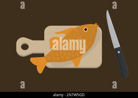 un poisson rouge doré sur une planche à découper en bois avec un couteau Illustration de Vecteur