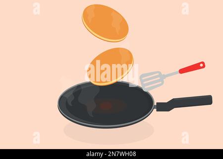 une crêpe dans une poêle dans la cuisine en préparant de délicieux grands sur une illustration vectorielle de plat de beurre Illustration de Vecteur