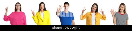 Collage avec des personnes affichant des chiffres sur fond blanc, bannière design Banque D'Images