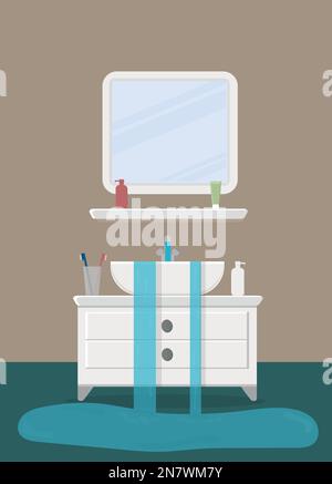 un lavabo avec miroir et cosmétiques inondés d'eau Illustration de Vecteur