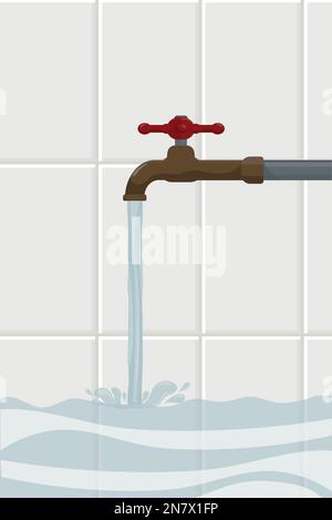 une eau propre est versée dans une baignoire avec des carreaux sur le mur à partir d'un robinet d'eau Illustration de Vecteur